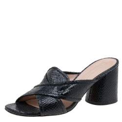 Marc Jacobs Black Snakeskin Embossed Leather Criss Cross Slide Sandals Size 38