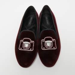 Pre Owned Marc Jacobs Burgundy Velvet Embroidered Smoking Slippers Size 36