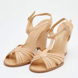 Marc Jacobs Beige Leather Ankle Strap Wedge Sandals Size 39.5