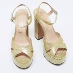 Marc Jacobs Metallic Gold Patent Leather Lust Platform Block Heel Ankle Strap Sandals Size 37