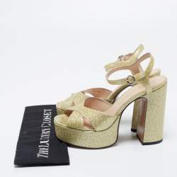 Marc Jacobs Metallic Gold Patent Leather Lust Platform Block Heel Ankle Strap Sandals Size 37