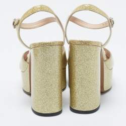 Marc Jacobs Metallic Gold Patent Leather Lust Platform Block Heel Ankle Strap Sandals Size 37
