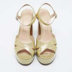 Marc Jacobs Metallic Gold Patent Leather Lust Platform Block Heel Ankle Strap Sandals Size 37