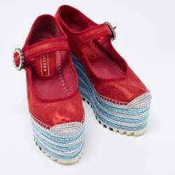 Pre Owned Marc Jacobs Metallic Red Leather Suzi Crystal Embellished Brooch Mary Jane Espadrille Platforms Size 37