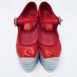 Pre Owned Marc Jacobs Metallic Red Leather Suzi Crystal Embellished Brooch Mary Jane Espadrille Platforms Size 37