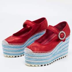 Pre Owned Marc Jacobs Metallic Red Leather Suzi Crystal Embellished Brooch Mary Jane Espadrille Platforms Size 37