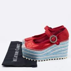 Pre Owned Marc Jacobs Metallic Red Leather Suzi Crystal Embellished Brooch Mary Jane Espadrille Platforms Size 37