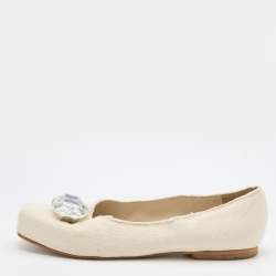 Marc Jacobs Off White Canvas Crystal Embellished Square Toe Ballet Flats Size 39