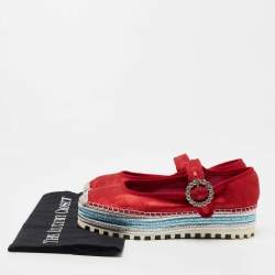 Marc Jacobs Metallic Red Nubuck Leather Crystal Embellished Suzi Mary Jane Espadrille Flats Size 36 