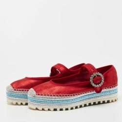Marc Jacobs Metallic Red Nubuck Leather Crystal Embellished Suzi Mary Jane Espadrille Flats Size 36 