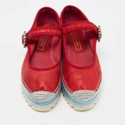 Marc Jacobs Metallic Red Nubuck Leather Crystal Embellished Suzi Mary Jane Espadrille Flats Size 36 