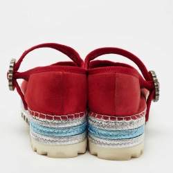 Marc Jacobs Metallic Red Nubuck Leather Crystal Embellished Suzi Mary Jane Espadrille Flats Size 36 