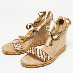 Marc Jacobs Beige Canvas Ankle Tie Wedge Sandals Size 39