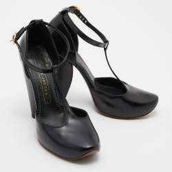 Pre Owned Marc Jacobs Black Leather T-Strap Pumps Size 37.5