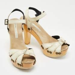 Marc Jacobs Cream Croc Embossed Leather Ankle Strap Clog Sandals Size 39