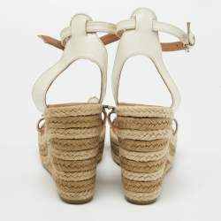 Pre Owned Marc Jacobs Cream Leather Espadrille Wedge Ankle Strap Sandals Size 38.5