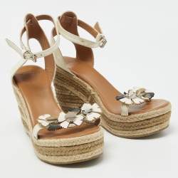 Pre Owned Marc Jacobs Cream Leather Espadrille Wedge Ankle Strap Sandals Size 38.5