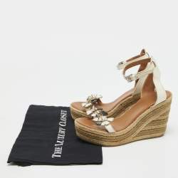 Pre Owned Marc Jacobs Cream Leather Espadrille Wedge Ankle Strap Sandals Size 38.5
