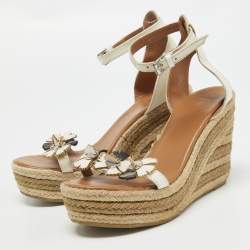 Pre Owned Marc Jacobs Cream Leather Espadrille Wedge Ankle Strap Sandals Size 38.5