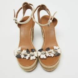 Pre Owned Marc Jacobs Cream Leather Espadrille Wedge Ankle Strap Sandals Size 38.5