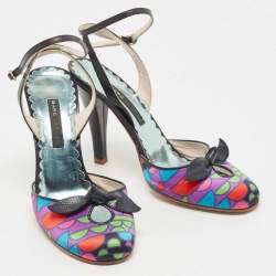 Pre Owned Marc Jacobs Multicolor Printed Satin and Leather Ankle Strap sandals Size 37.5