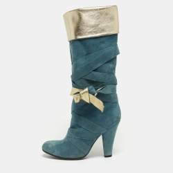 Marc Jacobs Blue/Gold Suede and Leather Mild Calf Boots Size 37.5