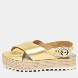 Pre Owned Marc Jacobs Metallic Gold Leather Slingback Espadrille Sandals Size 36.5