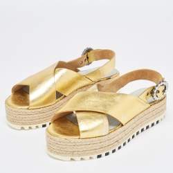 Pre Owned Marc Jacobs Metallic Gold Leather Slingback Espadrille Sandals Size 36.5