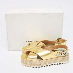 Pre Owned Marc Jacobs Metallic Gold Leather Slingback Espadrille Sandals Size 36.5