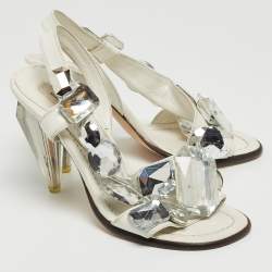 Marc by Marc Jacobs White Leather Crystal Embellished Slingback Sandals Size 37.5