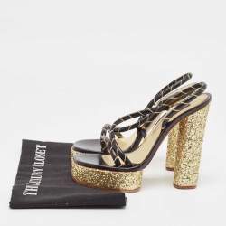 Marc Jacobs Black/Gold Leather Glitter Platform Slingback Sandals Size 36