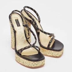 Marc Jacobs Black/Gold Leather Glitter Platform Slingback Sandals Size 36
