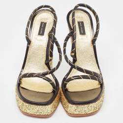 Marc Jacobs Black/Gold Leather Glitter Platform Slingback Sandals Size 36