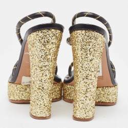Marc Jacobs Black/Gold Leather Glitter Platform Slingback Sandals Size 36