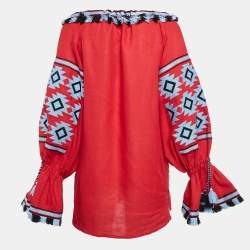 Pre Owned فستان مارش 11 أحمر بنمط قبلي مطرز قصير كتان صغير جداً