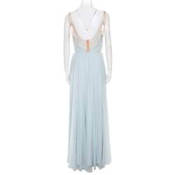 Marchesa Notte Blue Embellished Embroidered Silk Sheer Panel Detail Gown L