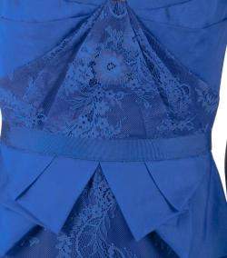 Pre Owned Marchesa Notte Cobalt Blue Lace and Organza Strapless Peplum Cocktail Dress S