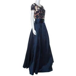 Marchesa Notte Midnight Blue Floral Embroidered Tulle Mikado Cap Sleeve Gown M