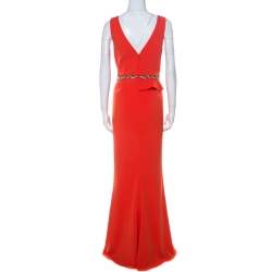 Marchesa Notte Poppy Red Crepe Ruffled Embellished Sleeveless Gown M
