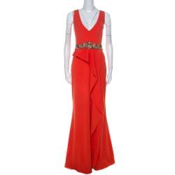 Marchesa Notte Poppy Red Crepe Ruffled Embellished Sleeveless Gown M