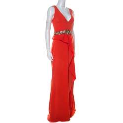Marchesa Notte Poppy Red Crepe Ruffled Embellished Sleeveless Gown M