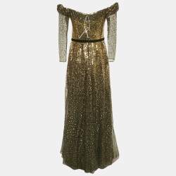 Marchesa Notte Black/Gold Sequin Embellished Tulle Off Shoulder Gown S