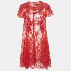 Pre Owned Marchesa Notte Red Embellished Lace Mini Dress S