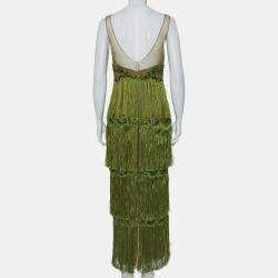 Marchesa Notte Green Tulle Sequin Embellished Fringed Evening Dress M