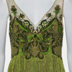 Marchesa Notte Green Tulle Sequin Embellished Fringed Evening Dress M
