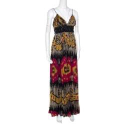 Marchesa Notte Multicolor Ikkat Printed Silk Embellished Sleeveless Maxi Gown S