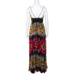 Marchesa Notte Multicolor Ikkat Printed Silk Embellished Sleeveless Maxi Gown S