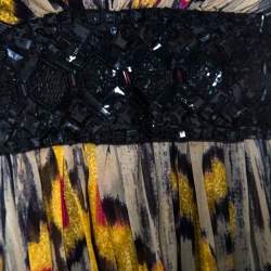 Marchesa Notte Multicolor Ikkat Printed Silk Embellished Sleeveless Maxi Gown S