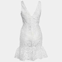 Marchesa Voyage White Floral Embroidered Lace Sleeveless Flounce Hem Dress S
