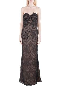 Marchesa Notte Black Embellished Lace Overlay Strapless Evening Gown M